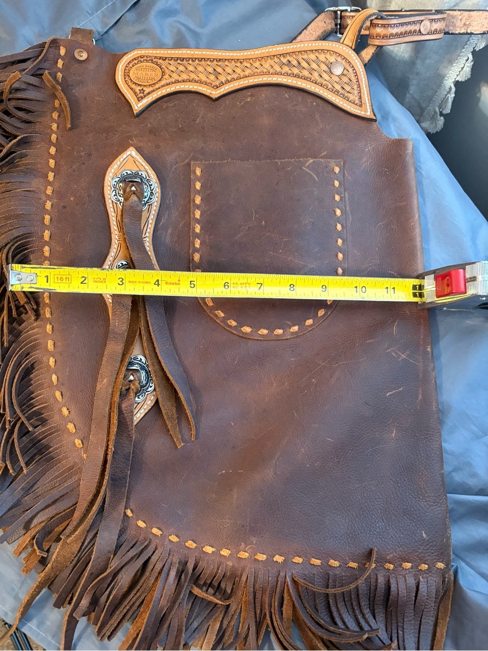 Fringed Brown Leather Shoulder Bag with Tooled Trim - Picture 7 of 8